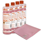 Vier rosa kiehl sanpurid-citro sanitärreiniger 1l mit zitronenduft und orangenen verschlüssen plus rosa mikrofasertuch