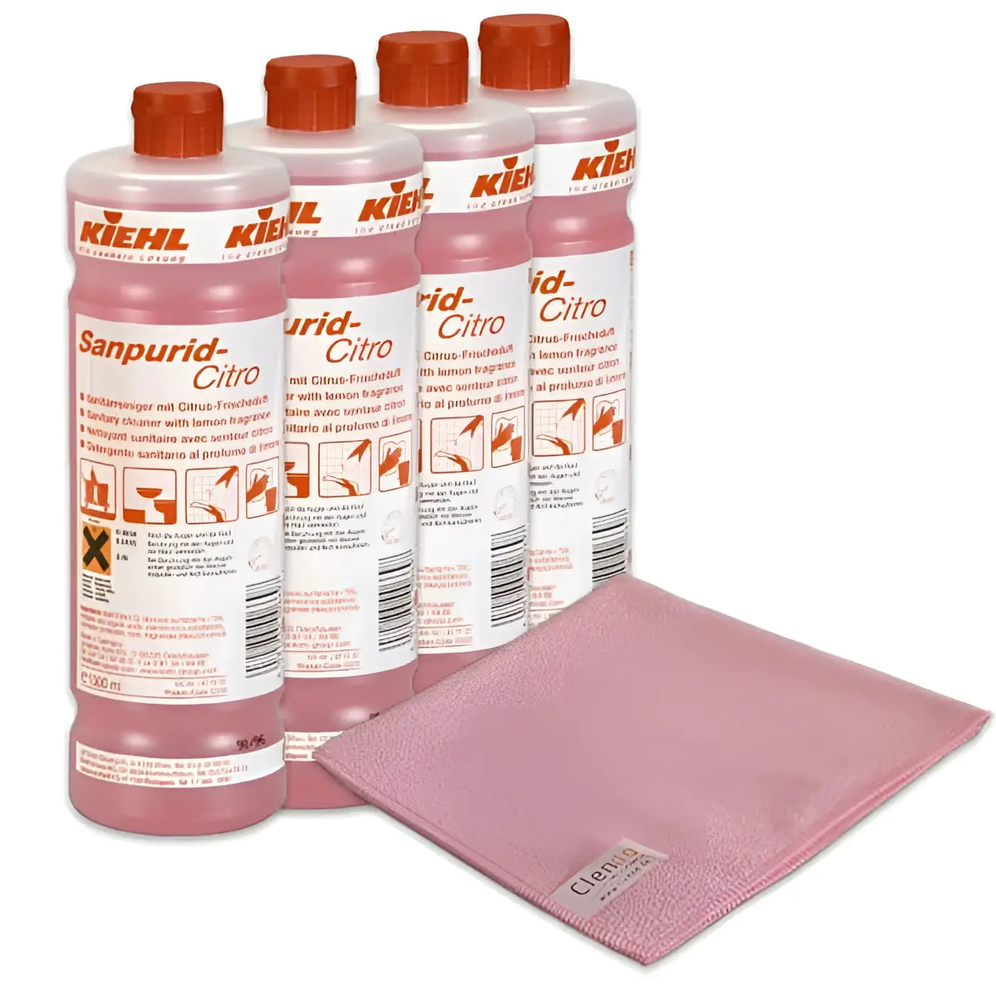 Vier rosa kiehl sanpurid-citro sanitärreiniger 1l mit zitronenduft und orangenen verschlüssen plus rosa mikrofasertuch