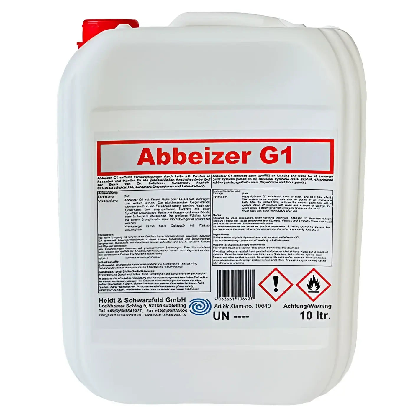 Weißer kunststoffbehälter mit rotem deckel und etikett abbeizer g1 für industrielle reinigung 10l