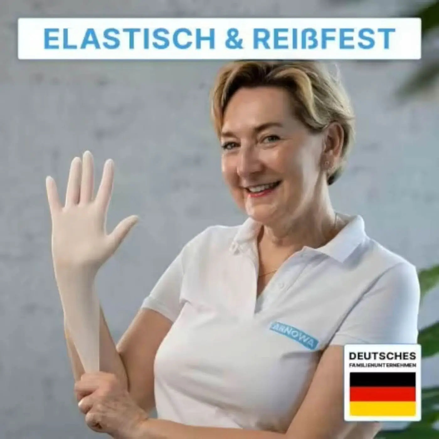 Weißes puderfreies latexhandschuh von arnomed in einer packung mit 100 stück, produktvorderseite sichtbar