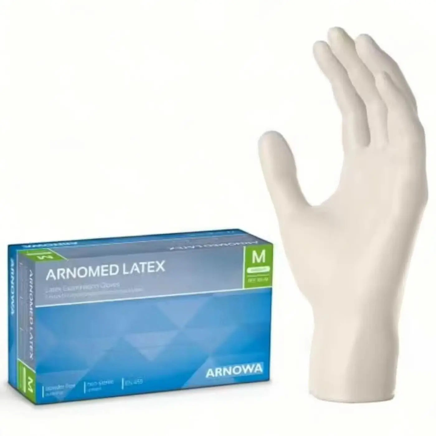Weißes latex medizinhandschuh ohne puder neben blauer und grüner arnomed verpackung mit 100 stück