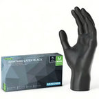 Arnowa schwarz latex handschuh puderfrei größe m neben verpackung arnomed 100 stück