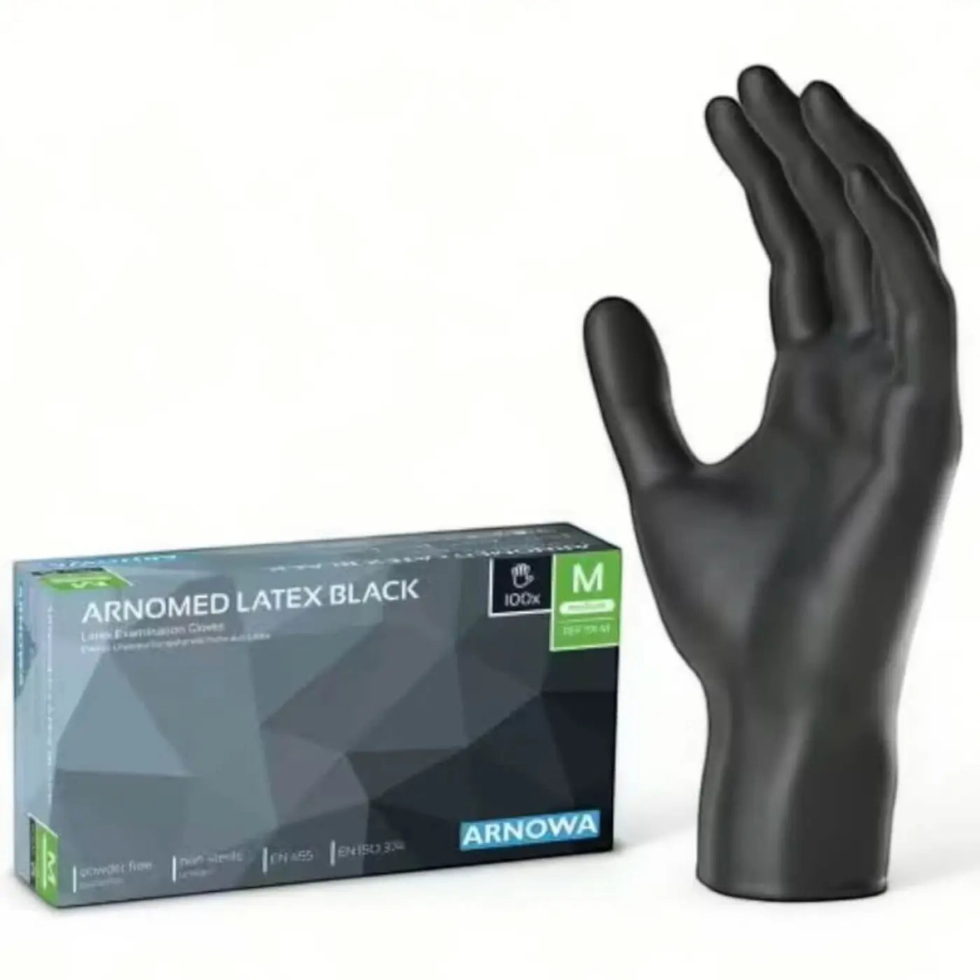 Arnowa schwarz latex handschuh puderfrei größe m neben verpackung arnomed 100 stück