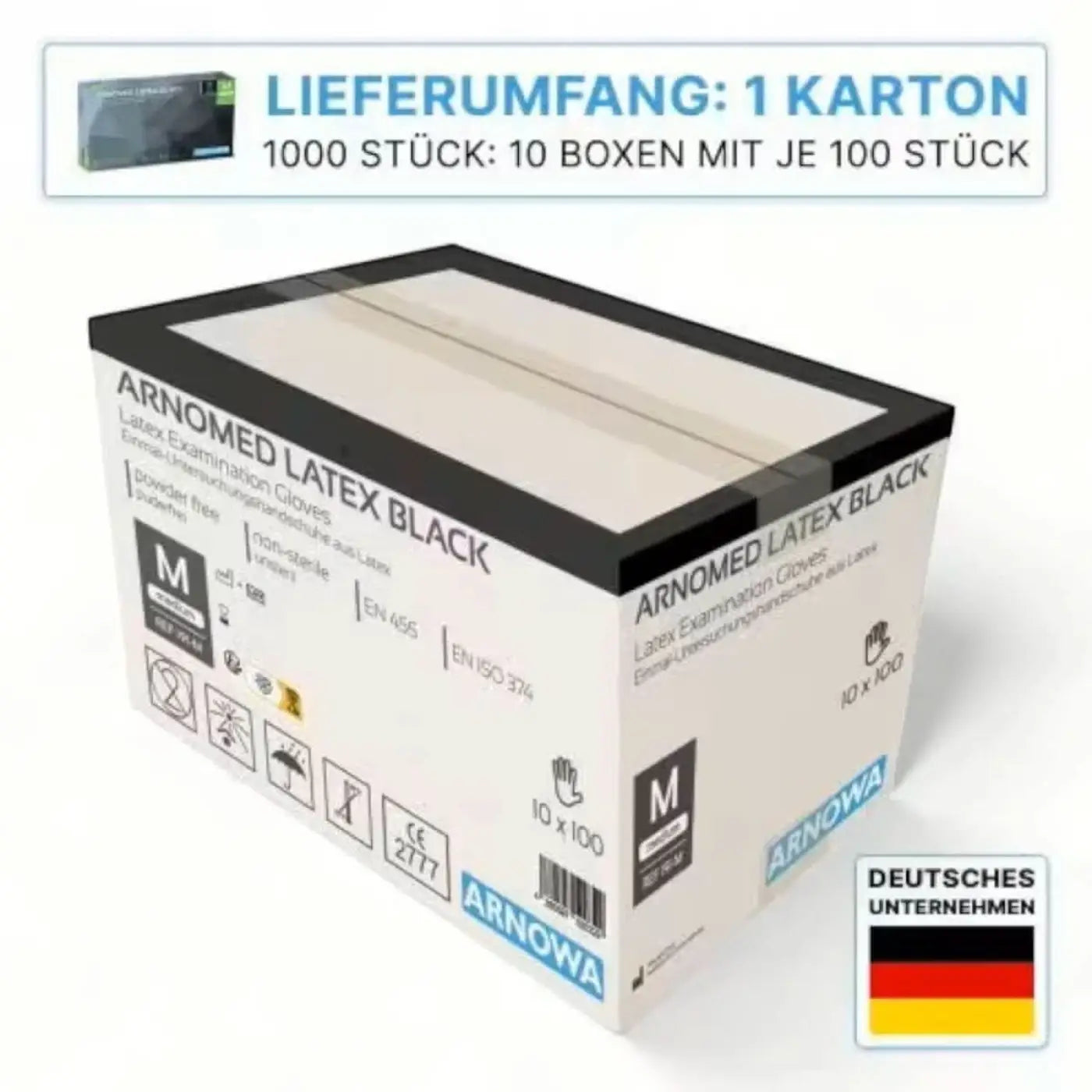 Weiße kartonverpackung mit schwarzem rand und blauer arnomed marke für puderfreie latex untersuchungshandschuhe größe m