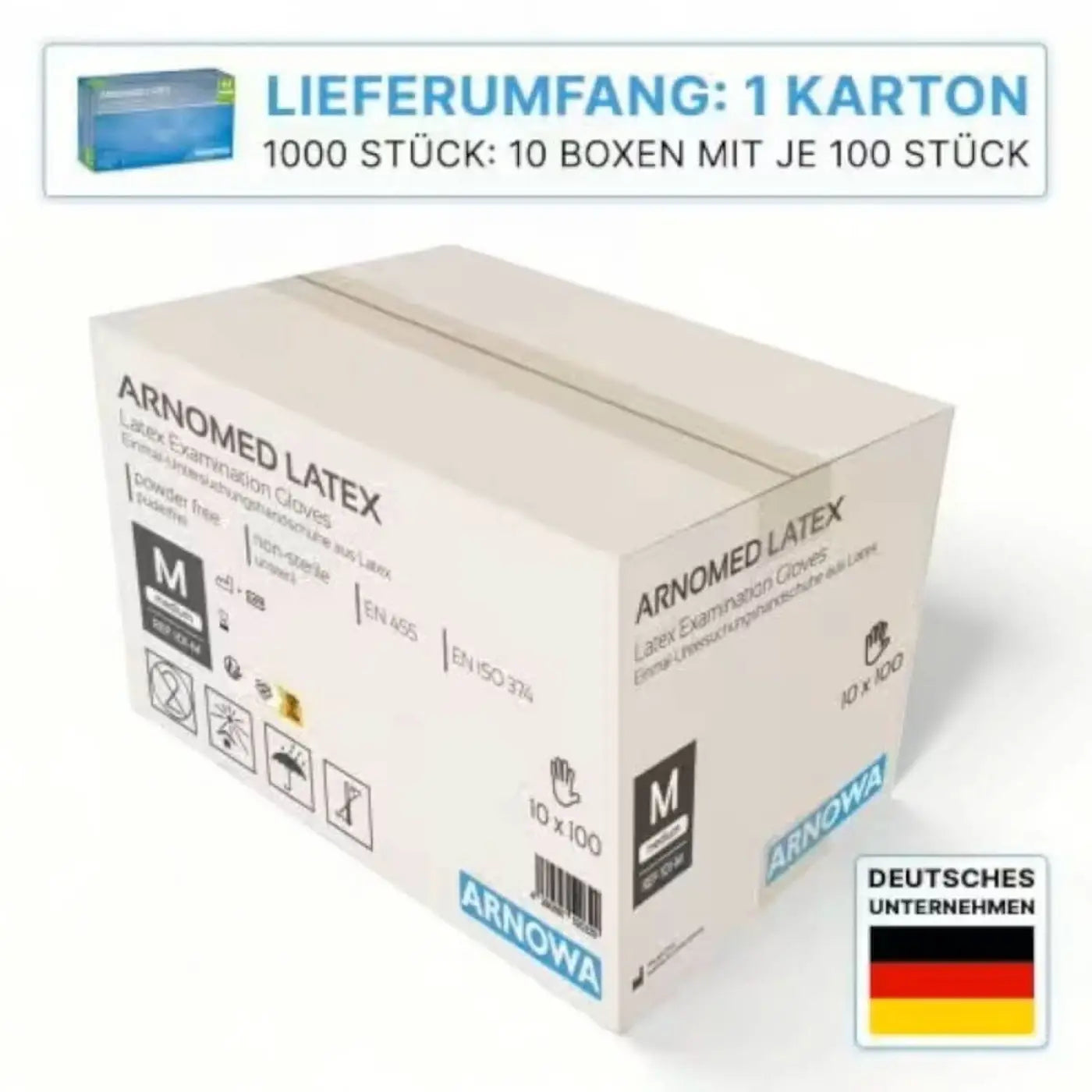Weiße arnomed box mit blauer bedruckung von latex-handshuhen puderfrei in größe m mit 100 stück