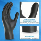 Schwarzer latex-handschuh von arnomed mit strukturierter spitze und rollbund puderfrei 100 stück