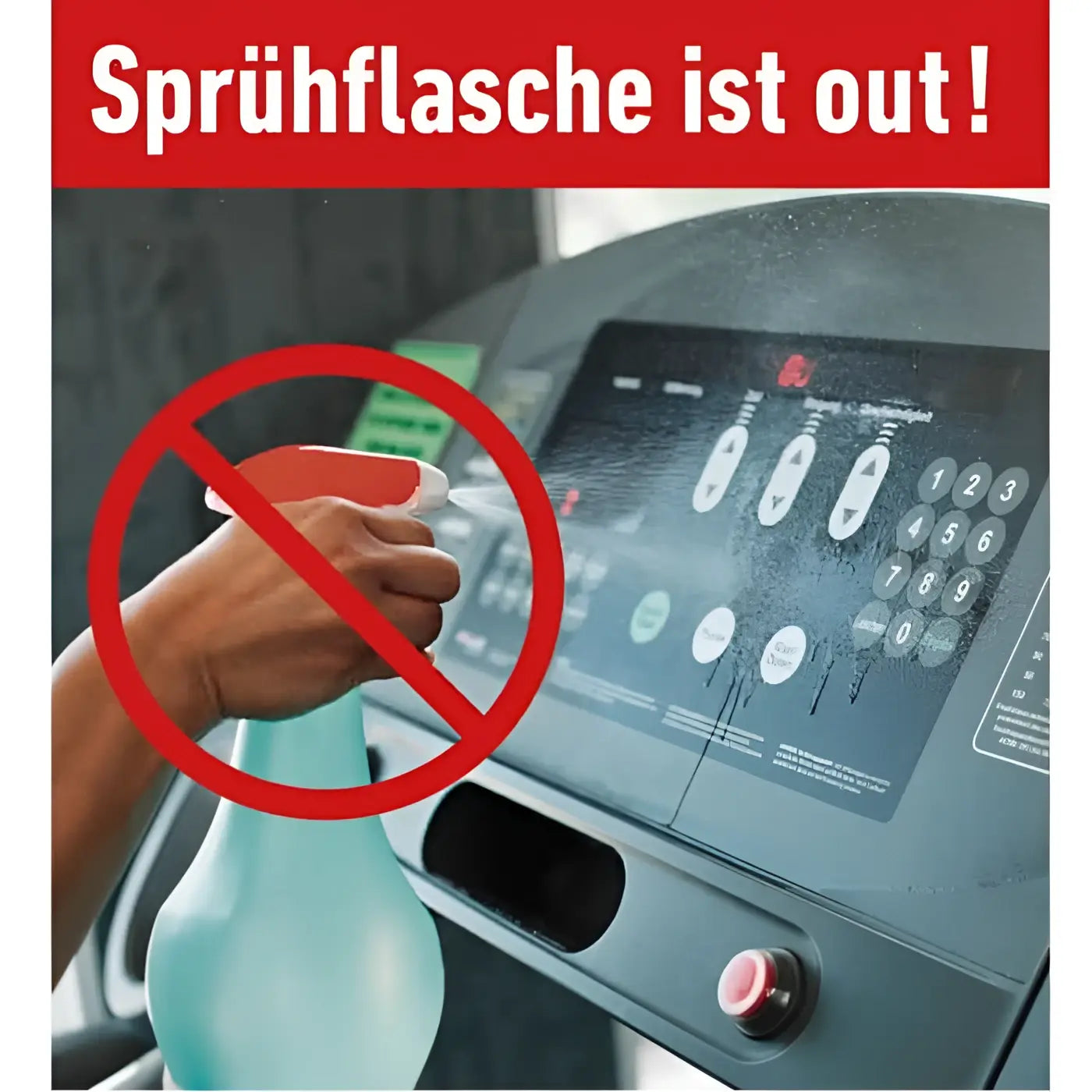 Ein durchscheinender türkisfarbener sprühflasche mit roter düse und verbotszeichen im angebot best wipes kennenlern