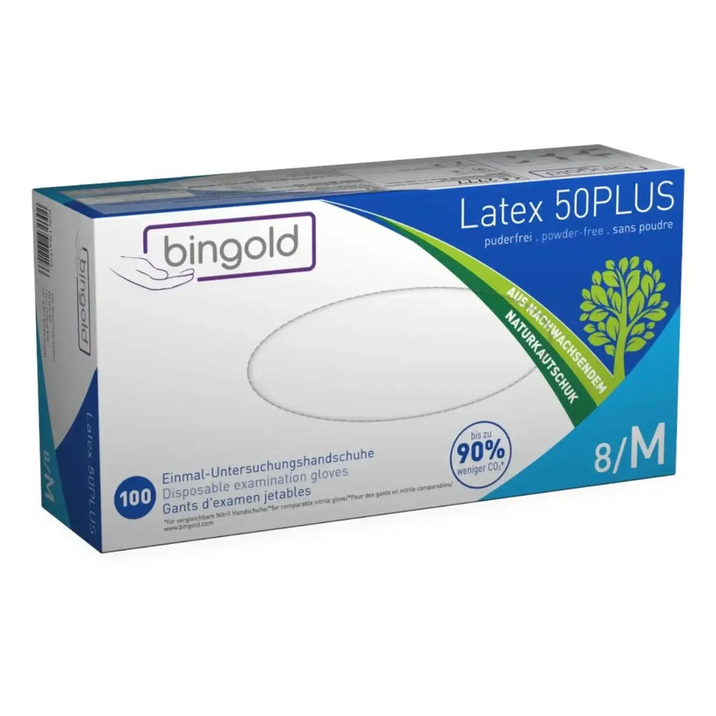 Bingold latex 50plus einmalhandschuhe weiß in blauweißem karton mit grünen akzenten und mehrsprachiger beschriftung