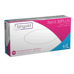 A box of bingold nitril 30plus cobalt blue disposable gloves latex-free and powder-free with 100 pieces