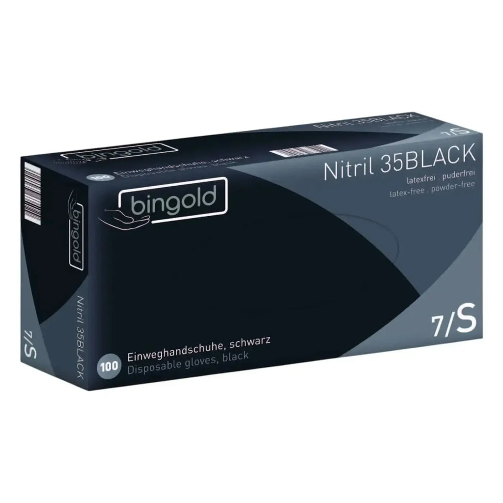 BingoLd nitril 35black schwarze puderfreie einweghandschuhe aus nitril in einer dunkelgrauen und schwarzen verpackung