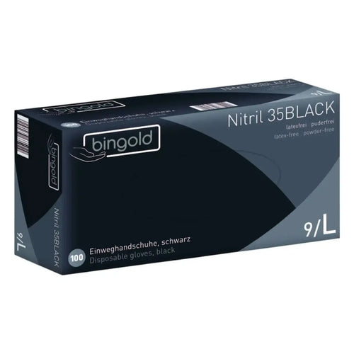 Schwarze bingold nitril 35black einweghandschuhe puderfrei 100 stück in dunkelblauer und grauer verpackung