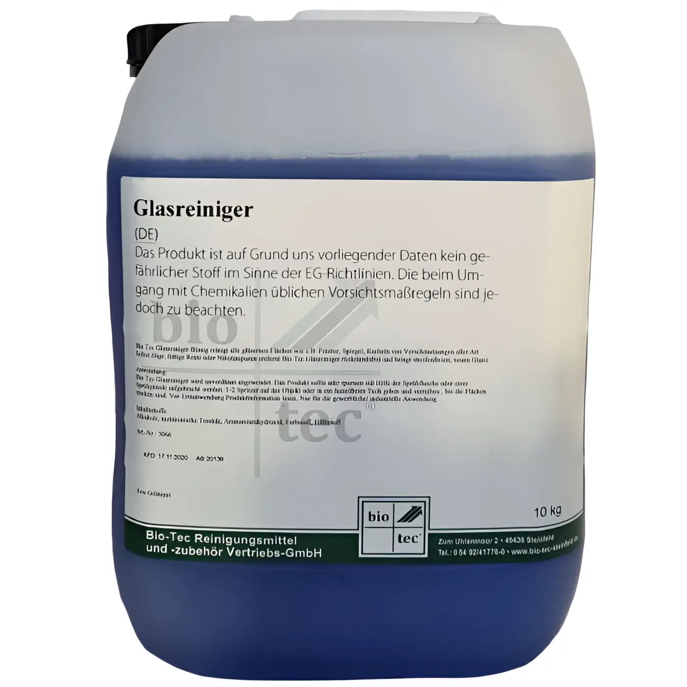 Blauer und weißer kunststoffbehälter mit bio-tec glasreiniger 10 kg halal zertifiziert für glasreinigung