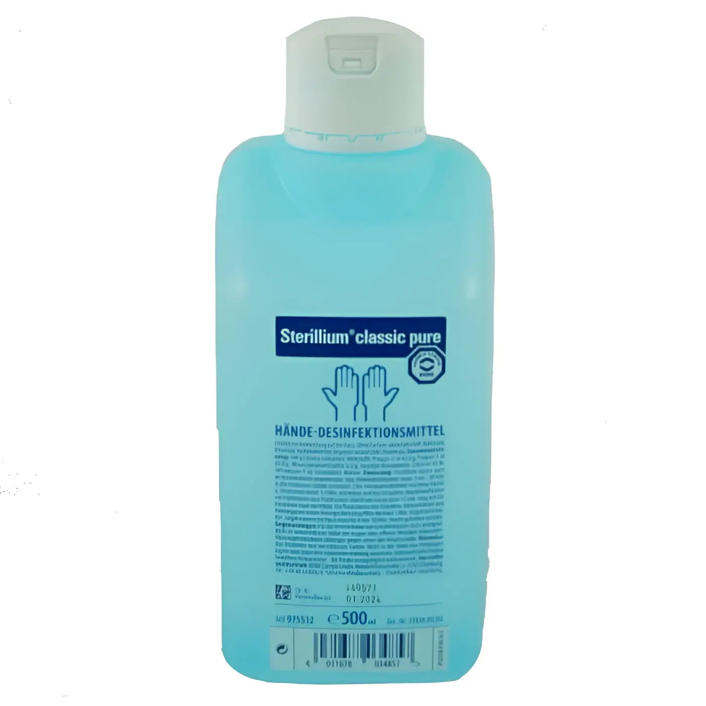 Blaue kunststoffflasche bode sterillium classic pure handdesinfektionsmittel 500ml mit weißem klappverschluss