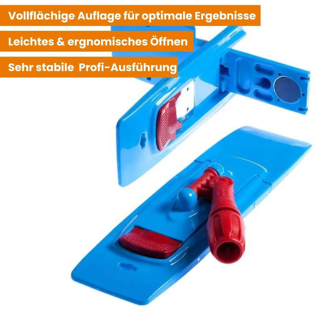 Blauer und roter plastik-bodenwischer mit ergonomischem griff aus dem profi-set schmutzbrecher 40 cm