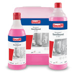 Rosa buzan sanibond g457 flaschen mit roten verschlüssen und blauen etiketten für säure sanitärreiniger 1l