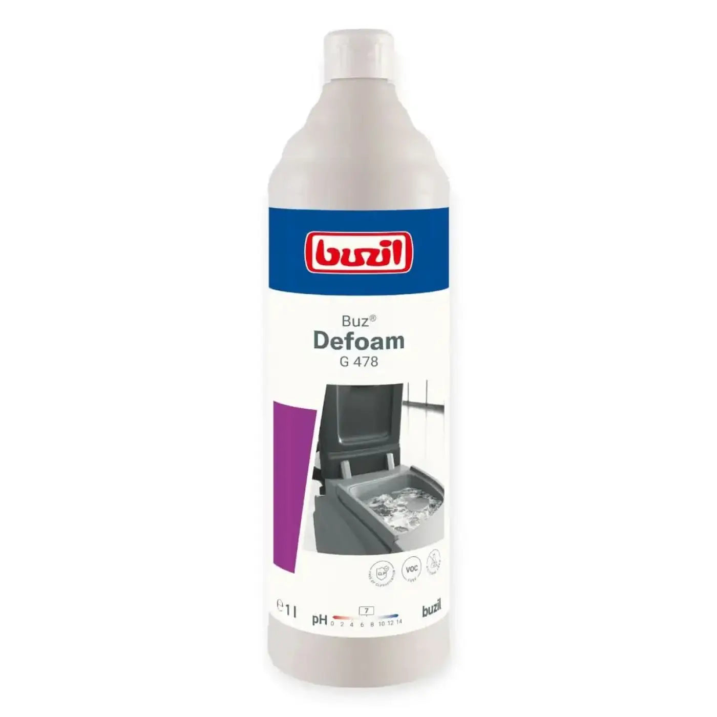 Weiße plastikflasche buzil buz defoam g478 entschäumer 1l mit blau-weißem etikett und maschinenbild