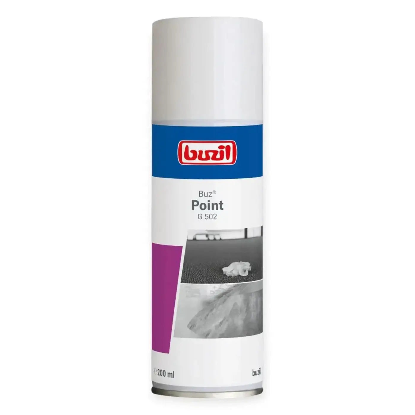 Weiße aerosol dose buz point g 502 sprühfarbe mit blauem etikett, roter marke und lila farbprobe, textilreiniger 200ml