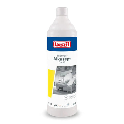 Weiße kunststoffflasche mit blau weißem etiket der marke buzil und produktlinie budenat alkasept d 445 1l