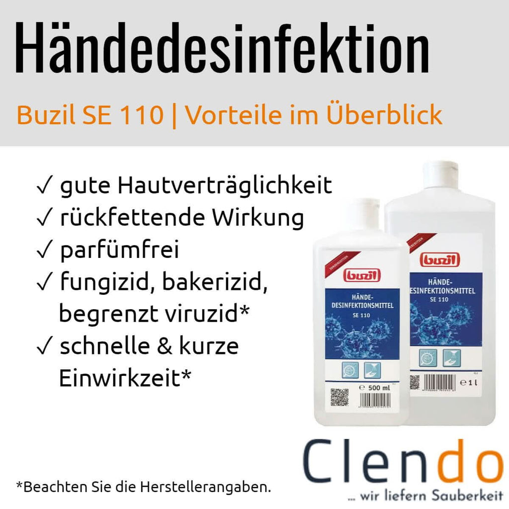 Weiße plastikflasche des buzil se 110 handdesinfektionsmittels mit blauem etikett und rotem streifen