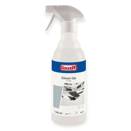 Weiße kunststoff-sprühflasche mit weißer abzugdüse clean up g 555 fleckenentferner von buzil 600ml