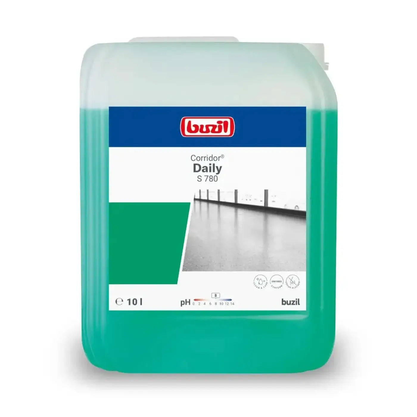 A 10 liter container of buzil corridor daily s780 wischpflege with green cleaning solution and blue white green label