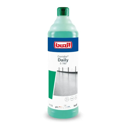 Eine durchscheinend grüne flasche buzil corridor daily s 780 bodenreiniger mit grünem deckel und weißer schrift auf dem etikett