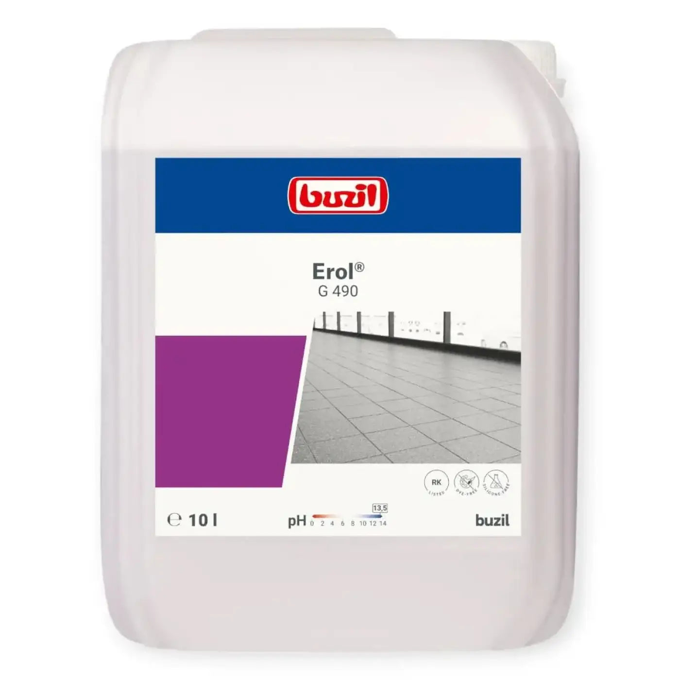 Weißer kunststoffbehälter mit 10 litern erol g490 alkalischer intensivreiniger von buzil mit blauem und lila etikett