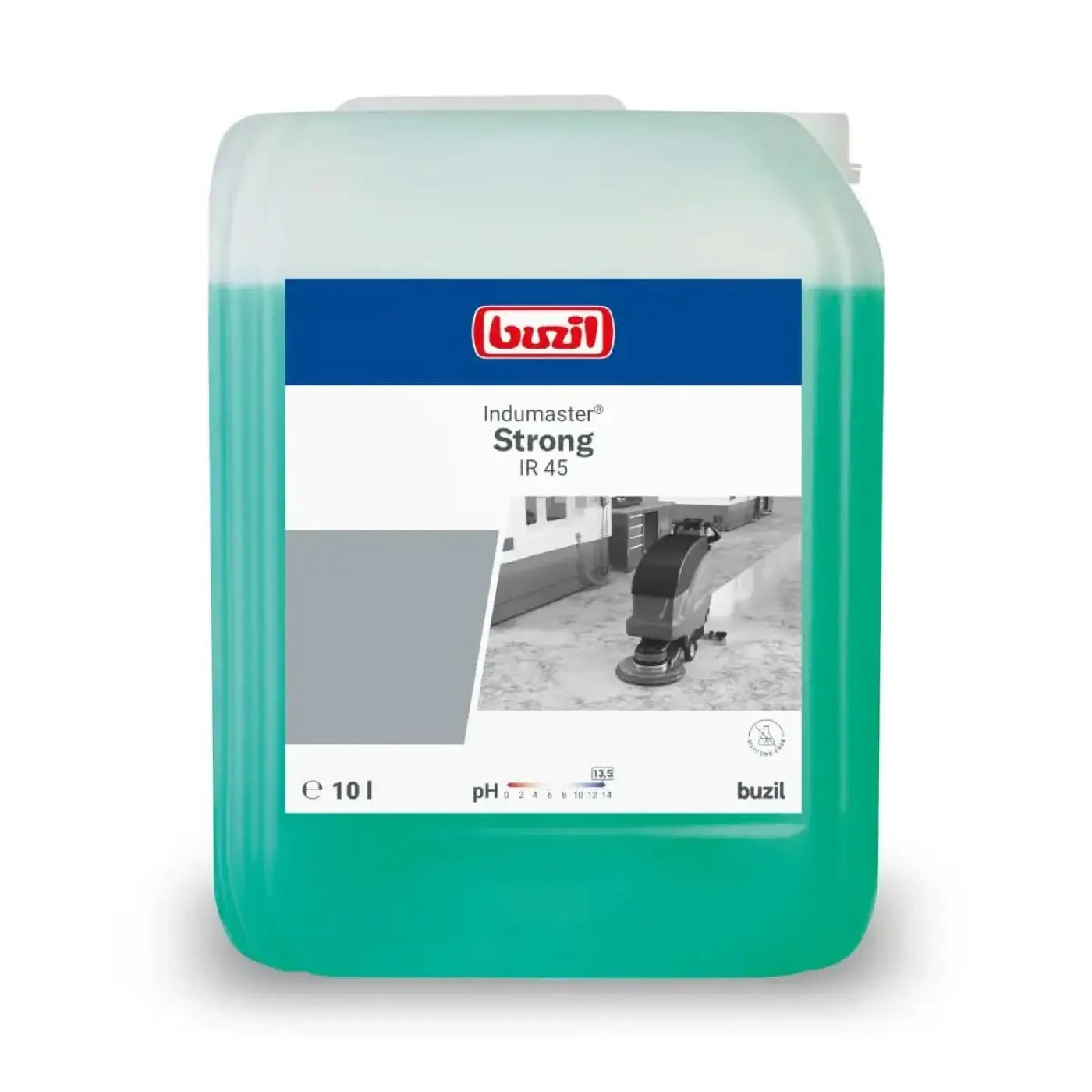 Ein 10 liter container buzil indumaster strong ir45 hochalkalischer industriereiniger mit transluzenter türkisfarbener flüssigkeit und markenlogo auf dem etikett
