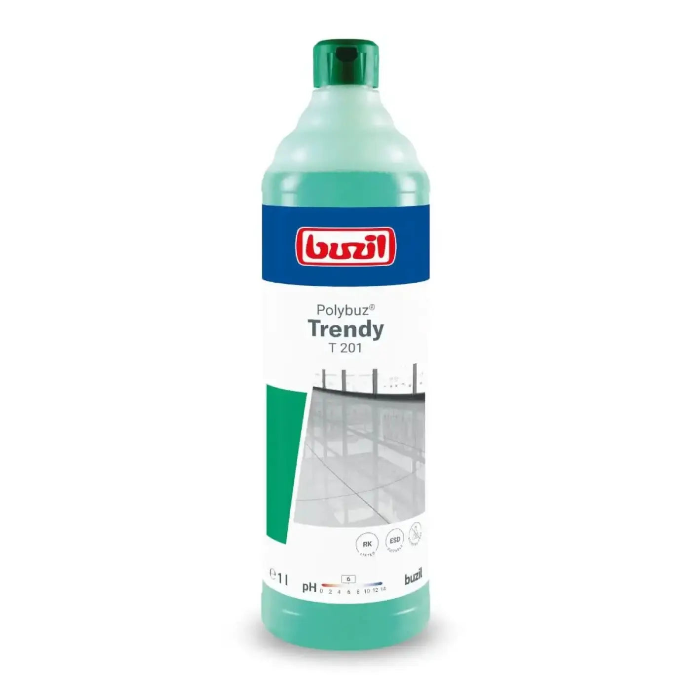 Eine durchscheinend grüne flasche buzil polybuz trendy t201 bodenreiniger mit dunkelgrünem deckel und ph-angabe auf dem etikett