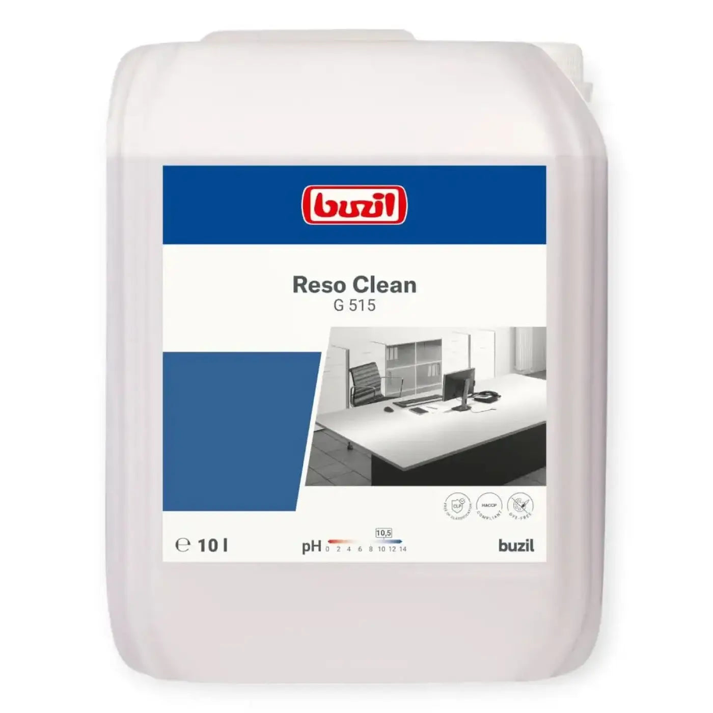 Weißer plastikbehälter buzil reso clean g 515 sprühreiniger 10l mit blau weißem etikett ph-wert und volumenangabe