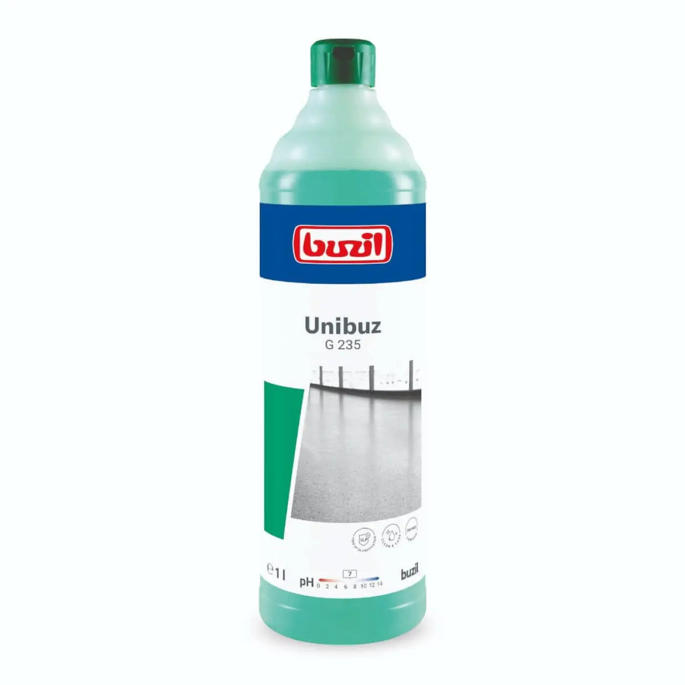 Ein durchscheinende grüne plastikflasche mit passendem verschluss von buzil unibuz g235 wischpflege 1l