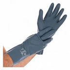 Darkgraue chemikalienschutzhandschuhe grande latex chloropren mit strukturierter griffmulde und verstärktem handgelenk
