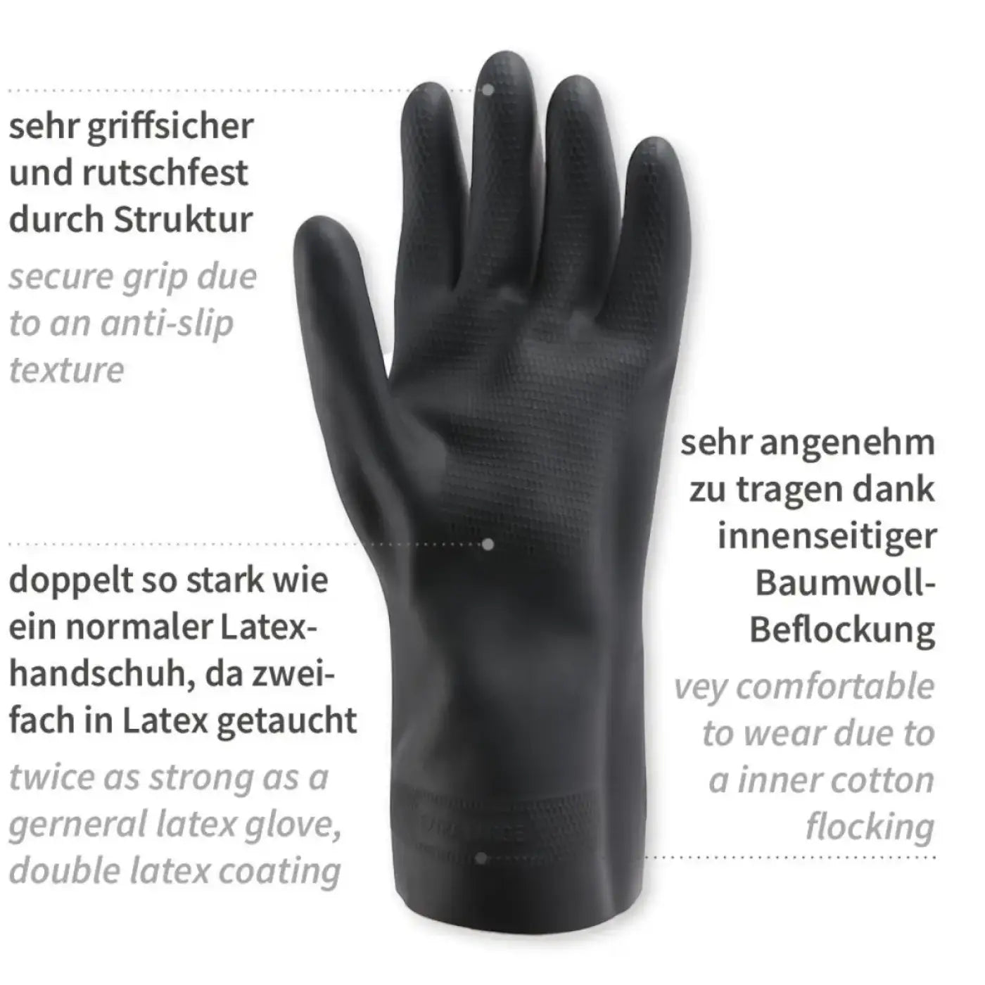 Schwarzer chemikalienschutzhandschuh nova super 75 latex mit baumwollgefüttertem innenfutter und rutschfester außenfläche