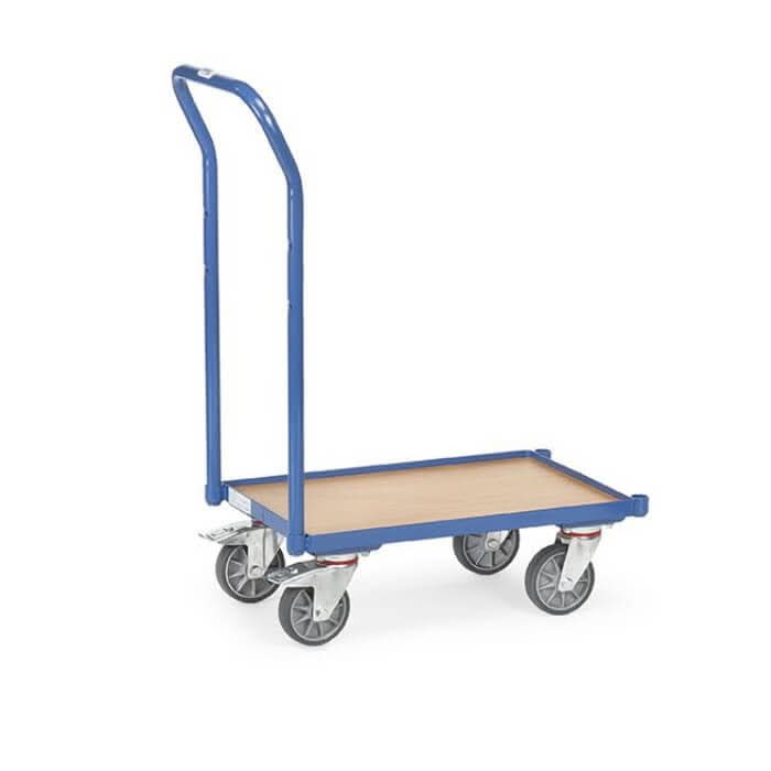 Blauer metall eurokasten-roller 605x405 mit holzplattform und vier schwenkrollen mit schiebebügel