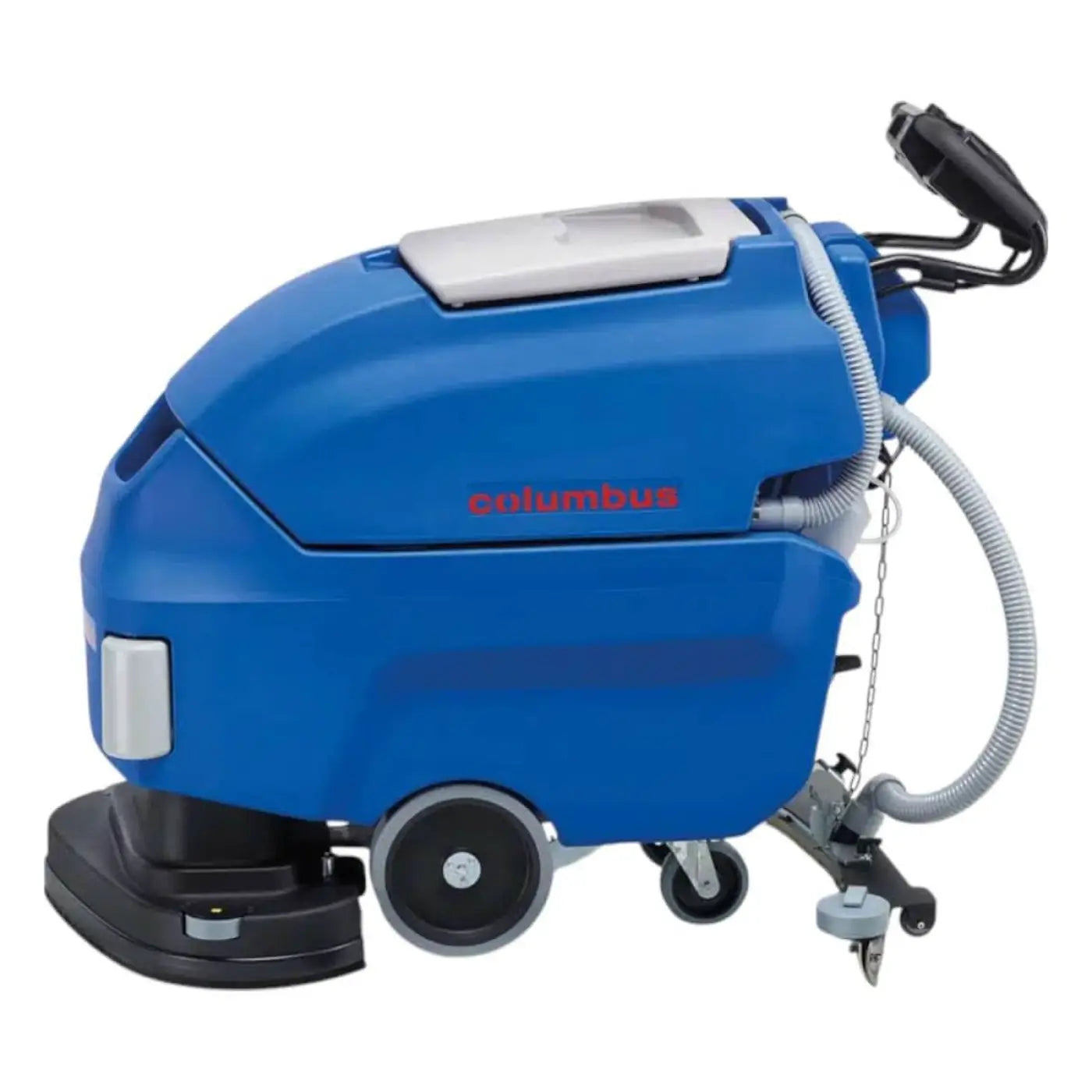 Blauer columbus bodenschrubber ra 66|bm 60 mit weißem deckel und grauen schläuchen von hinten gezeigt