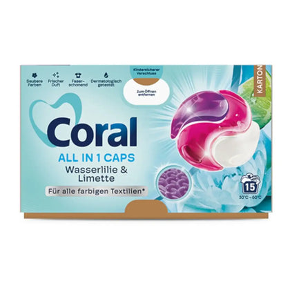 Detergente CORAL Todo en 1 Cápsulas Flor de loto y lima 15 lavados