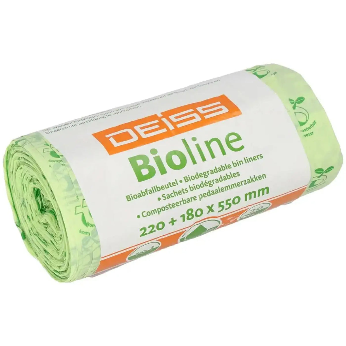 DEISS Bioline Müllbeutel 10 Liter mit Tragegriff 06065 – Produktabbildung; Lieferumfang: 1920 Rollen