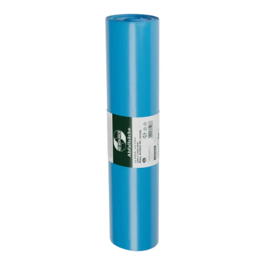 Ein hellblauer, zylindrischer klebebandrolle mit weißem und grünem etikett für deiss re source müllsäcke 120 liter