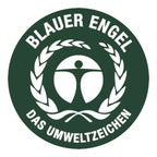 Dark green blauer engel emblem with white human figure and olive branch wreath on deiss re source transparent 120 liter trash bags