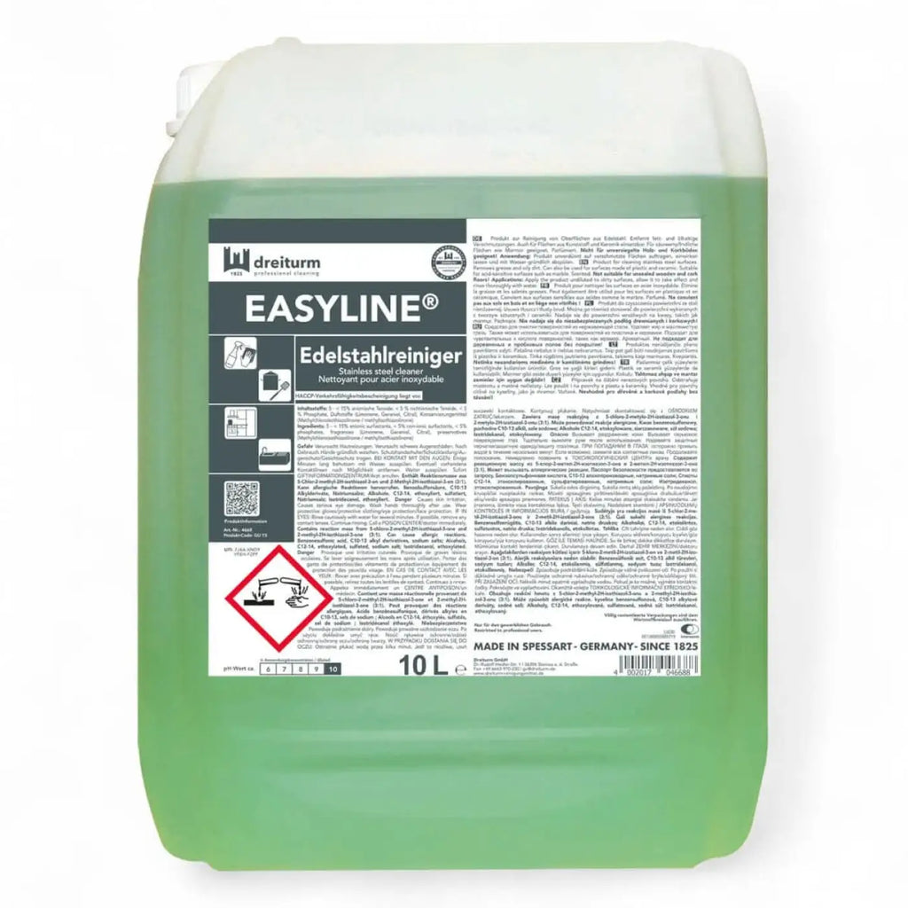 Grüner plastikbehälter mit dreiturm easyline edelstahlreiniger inhalt 10 liter zur reinigung von edelstahlflächen