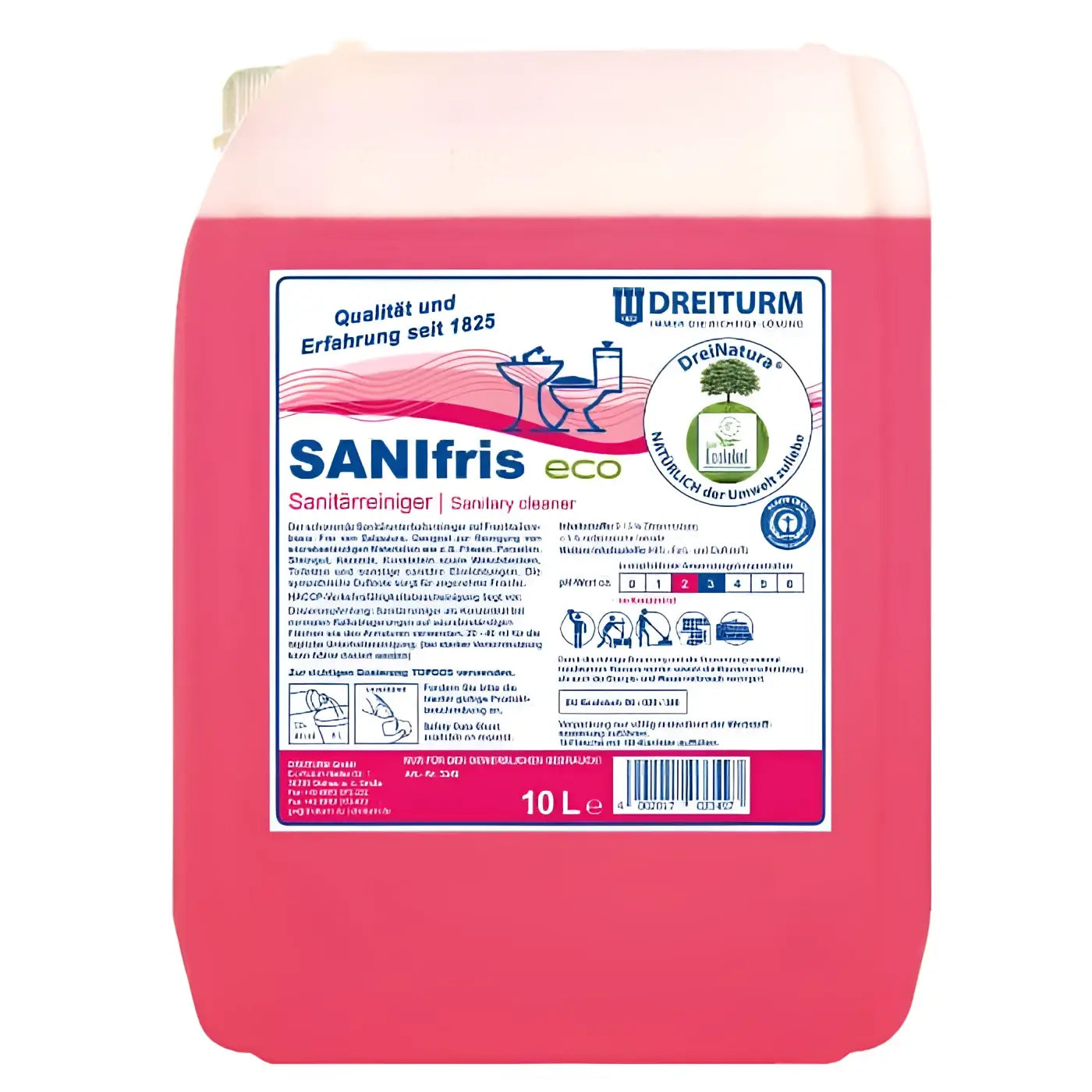 Rosa sanifris eco ökologischer sanitärreiniger in 10 liter kunststoffkanister mit weißem deckel und dreiturm logo