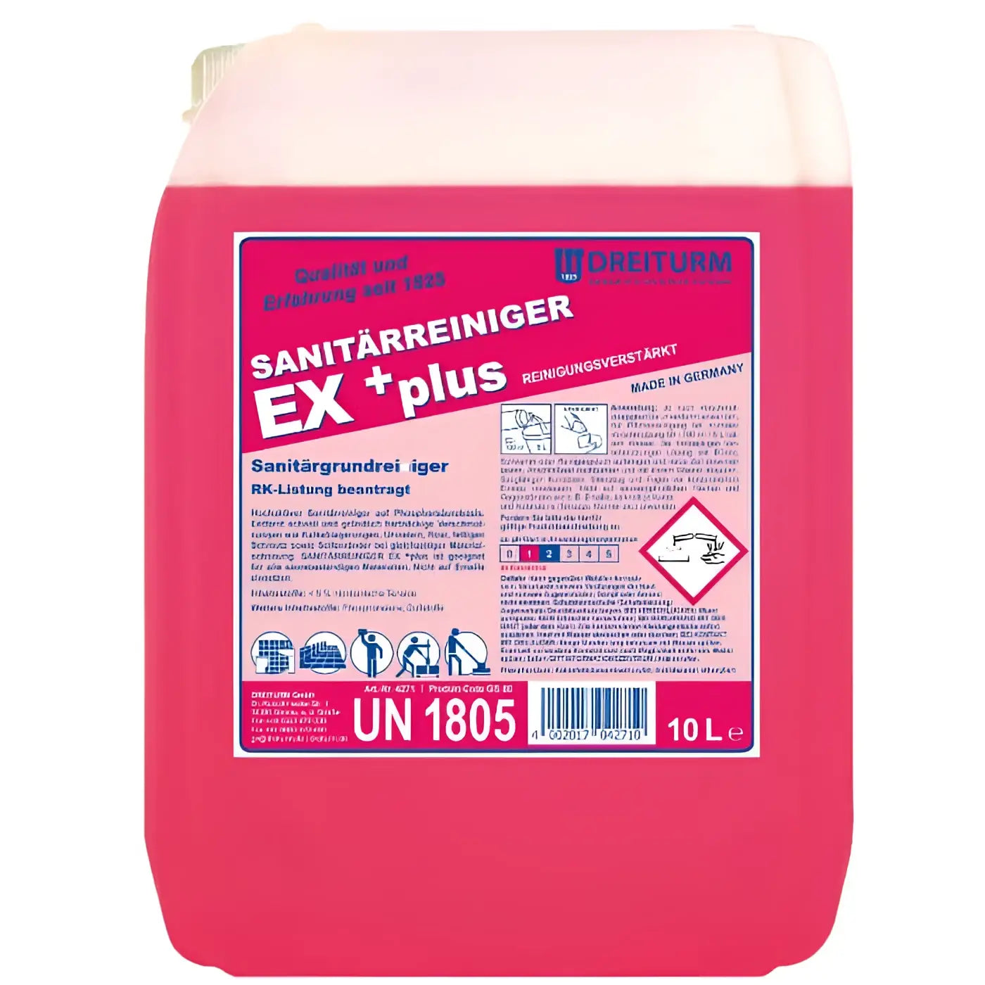 Rosa kunststoffkanister mit dreiturm sanitärreiniger ex plus 10 liter für hygienische reinigung