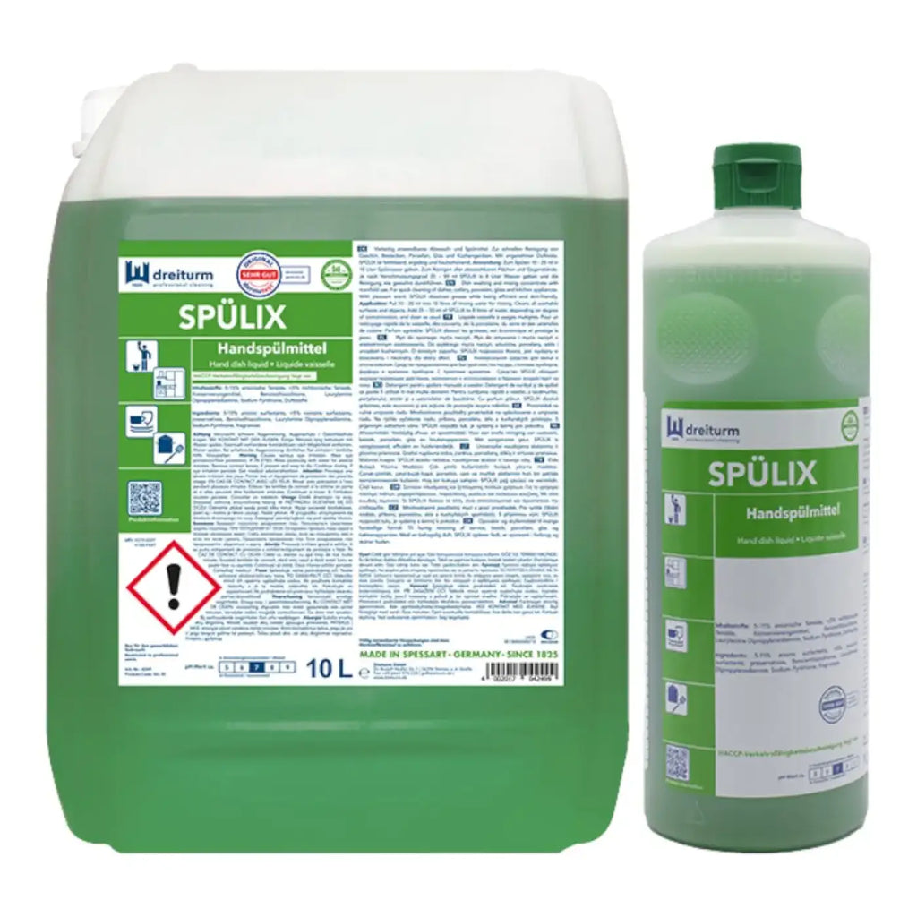 Grüne plastikflasche dreiturm spülix handspülmittel 10 liter kapazität vorderansicht