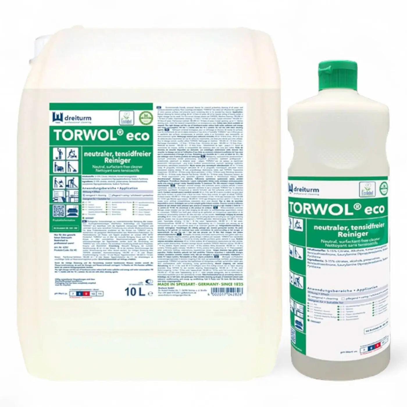 Zwei plastikflaschen dreiturm torwol eco neutraler tensidfreier reiniger mit grünen verschlüssen 10 liter und klein