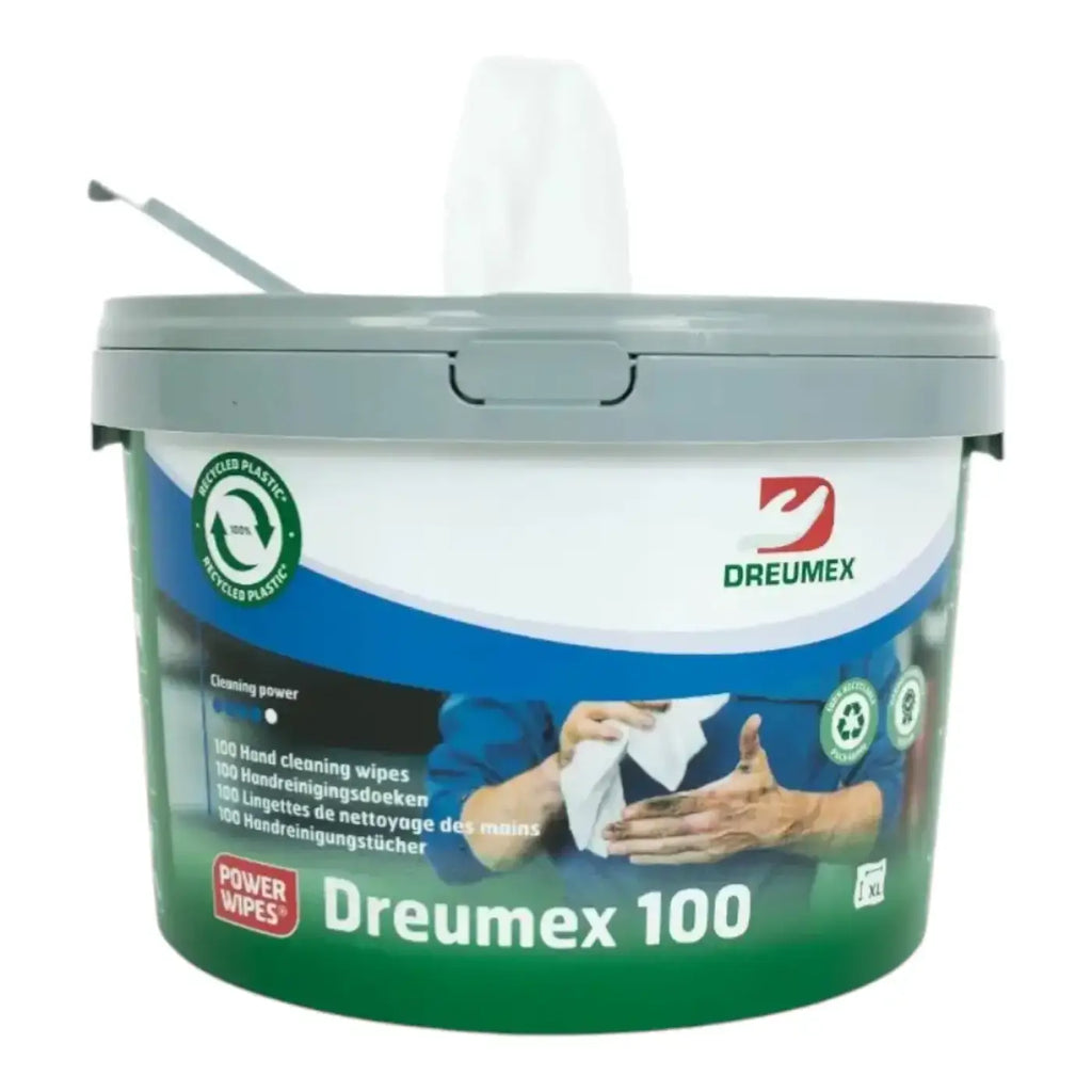 Dreumex 100 xl-wipes handreinigungstücher in grauem und grünem plastikbehälter mit klappdeckel für 100 tücher