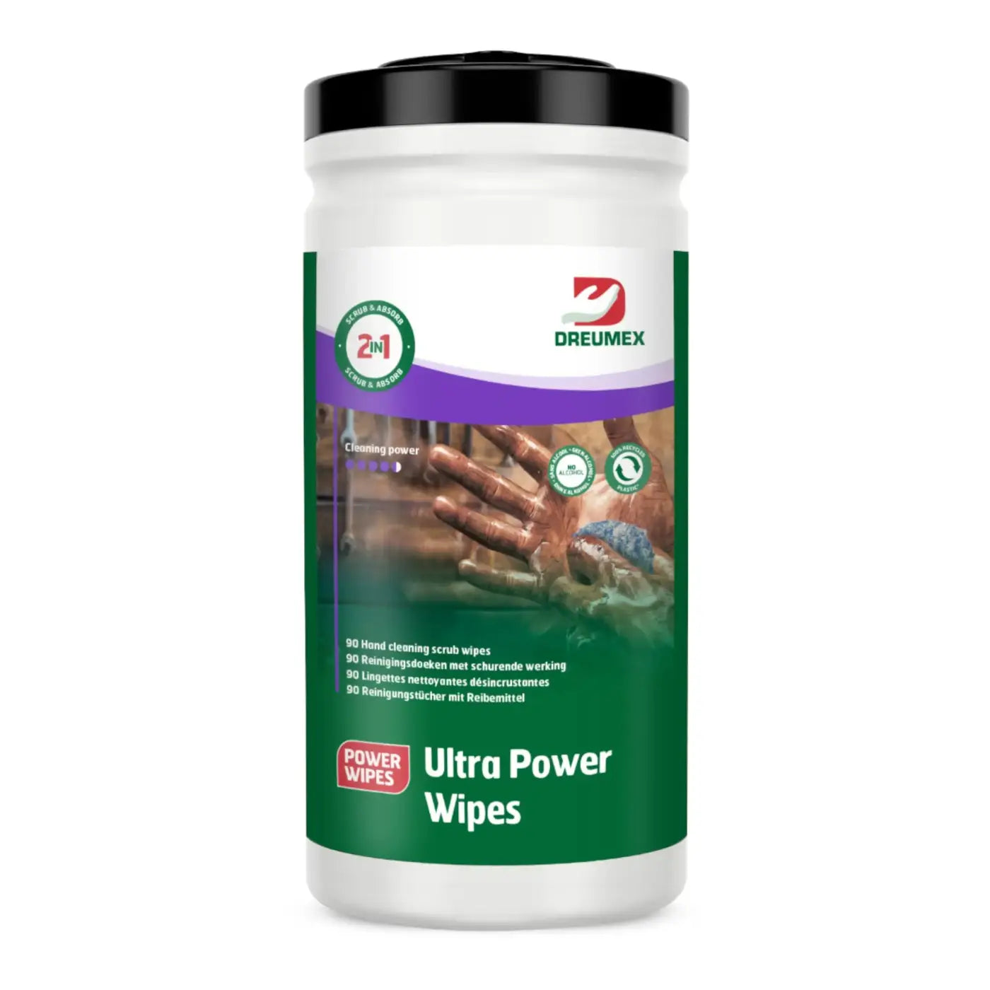 Dreumex ultra power wipes in weißem zylinder mit schwarzem deckel und grünem mehrsprachigem etikett für hautreinigung