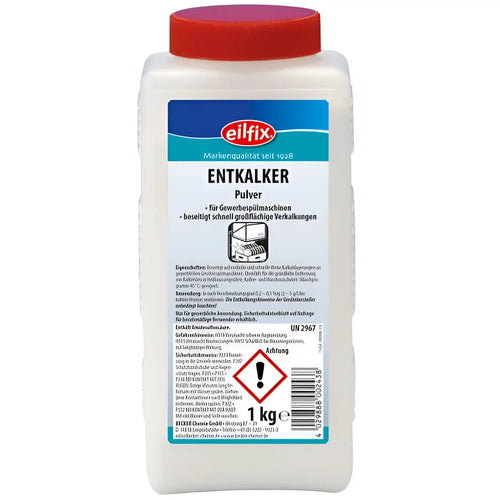 Weiße plastikflasche mit rotem deckel und blauem etikett eilfix entkalker pulver 1kg dose für industrieanlagen