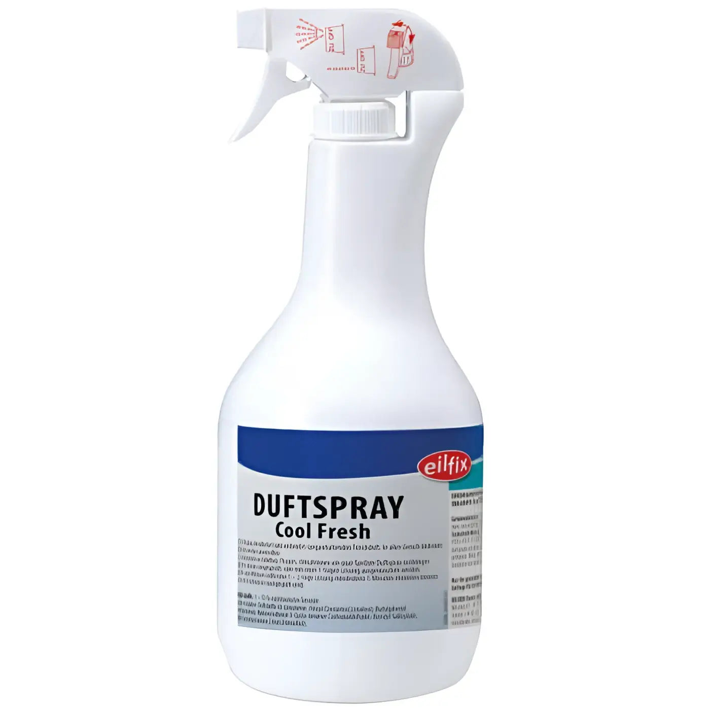 Weiße plastik-sprühflasche mit blau-weißem label der marke eiflix toiletten-duftspray cool fresh 1l