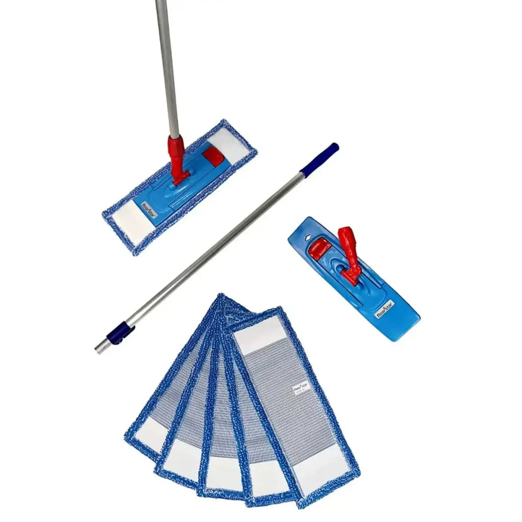 Blue microfiber mop head with red plastic clips and silver handle from floorstar bodenwischer set pix 7-teilig 50cm ws50