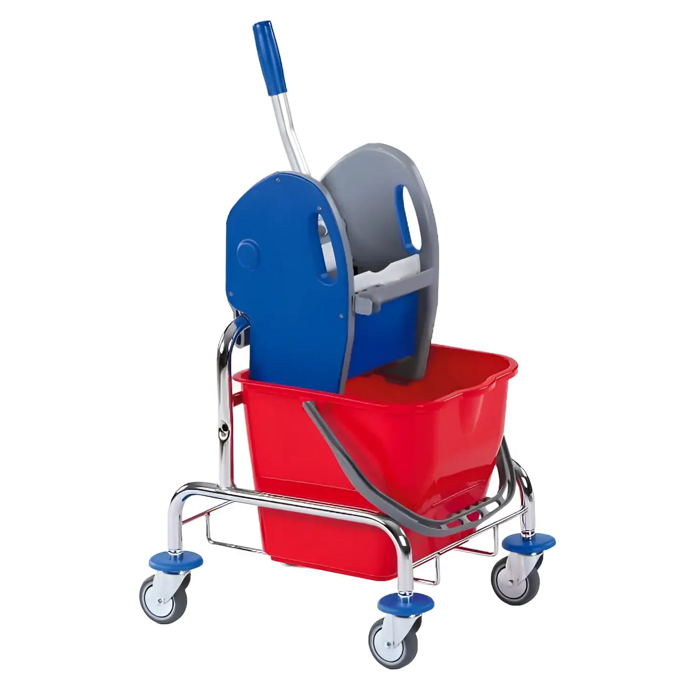 Roter kunststoffeimer mit blauem und grauem moppressaufsatz auf chromgestell mit vier rollen floorstar einfachfahrwagen efa25 25l solid